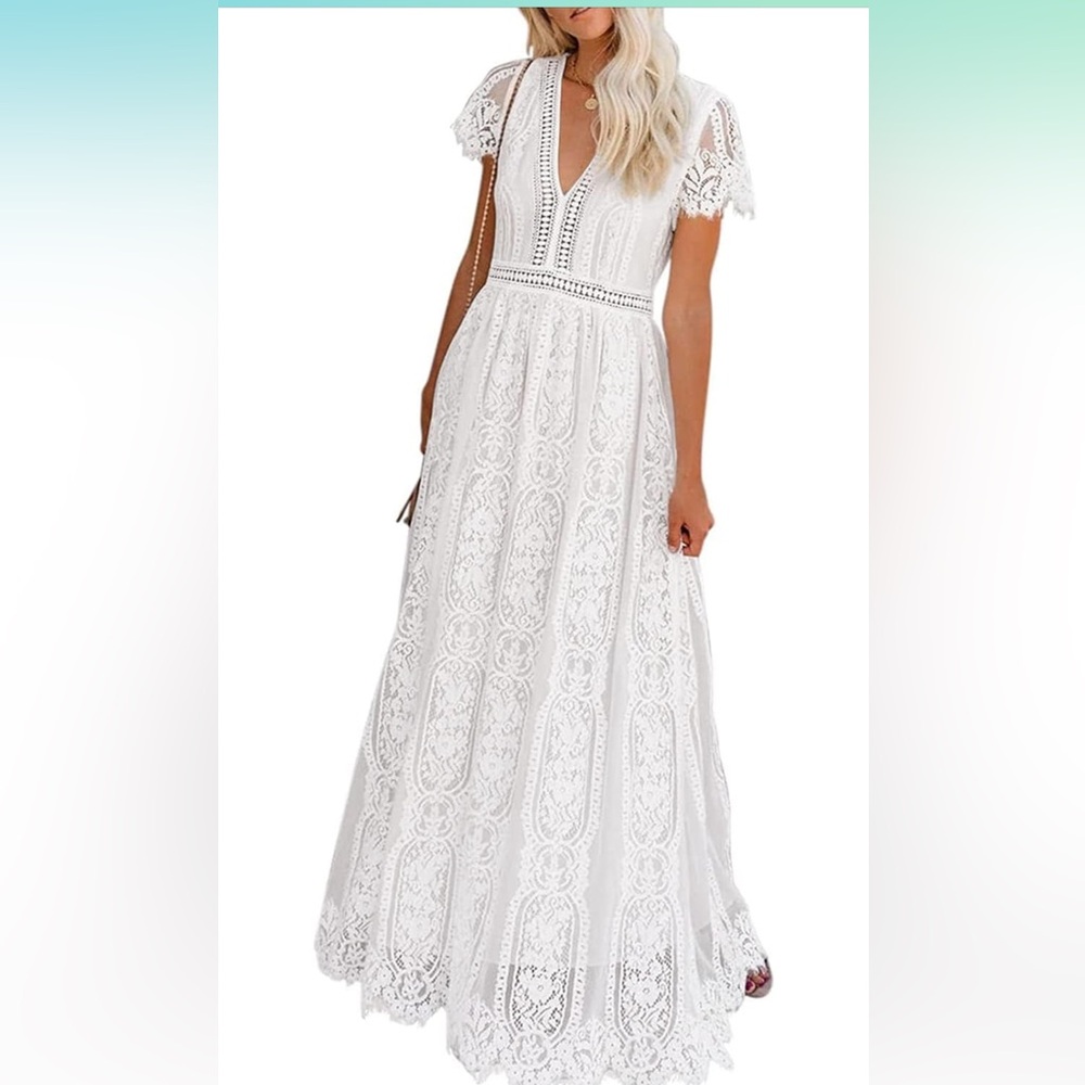 Women's VNeck Floral Lace Dress Short Sleeve EveningParty Maxi Dress. Medium